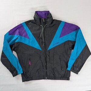 VTG Black Teal Purple USA Olympics Full Zip Windbreaker Track Jacket Hooded